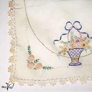 Vintage Square Table Cloth Topper Hand Embroidery Crochet Edges 20x25" - Hey Viv